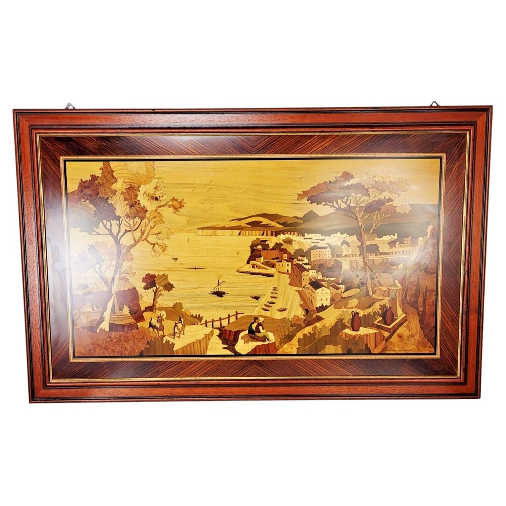 Antique Marquetry Wood Inlaid Panel Artwork Made In Italy Signed Framed Italy